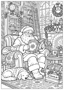 Julemand i julebibliotek – julemandstegning for børn