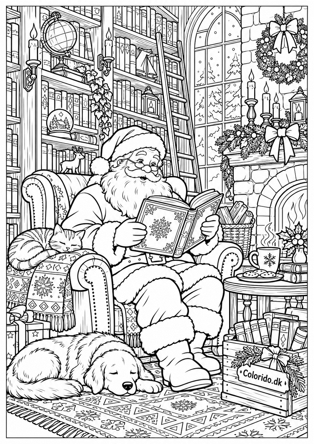 Julemand i julebibliotek – julemandstegning for børn
