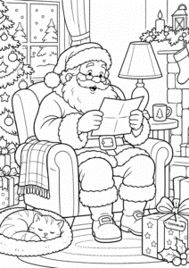 Julemand læser julebrev – malebogstegning til print