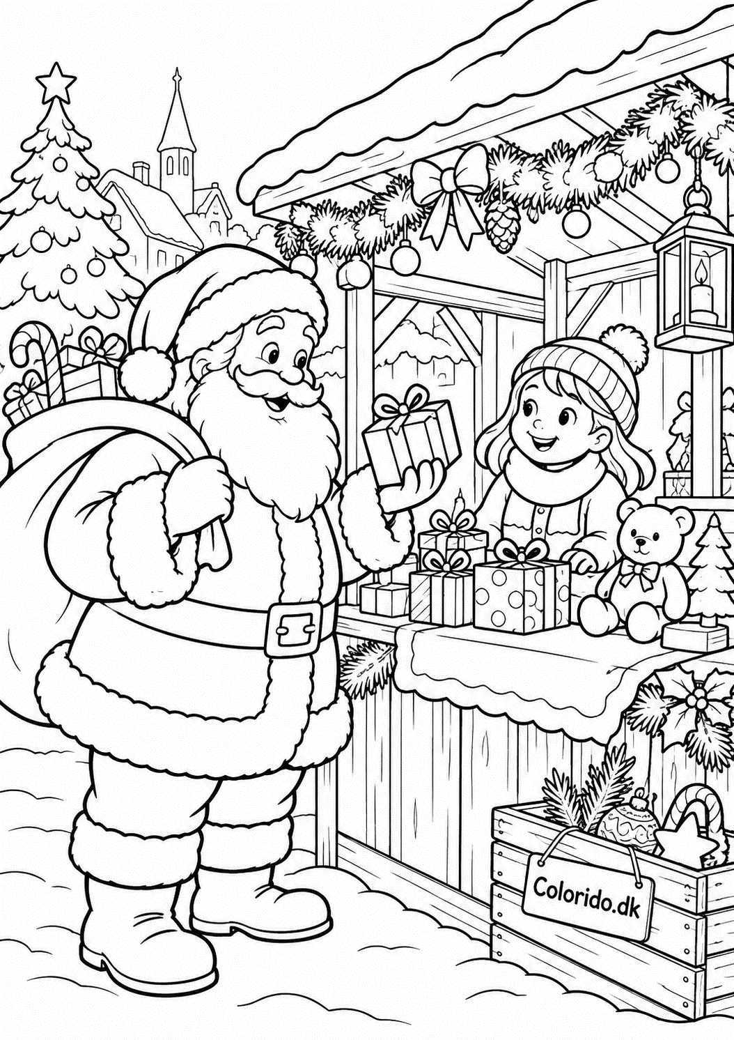 Julemand på julemarked – gratis tegning til farvelægning