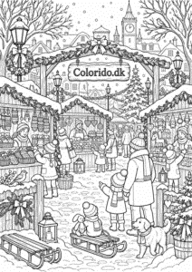 Julemarked med boder i sneen – detaljeret vintertegning