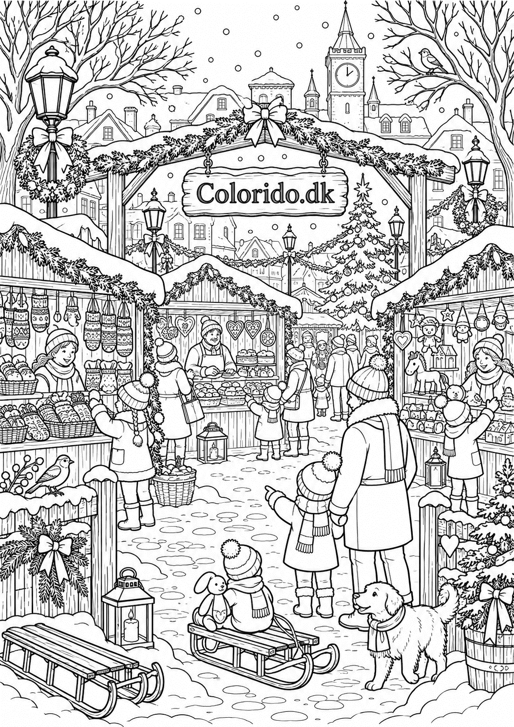 Julemarked med boder i sneen – detaljeret vintertegning