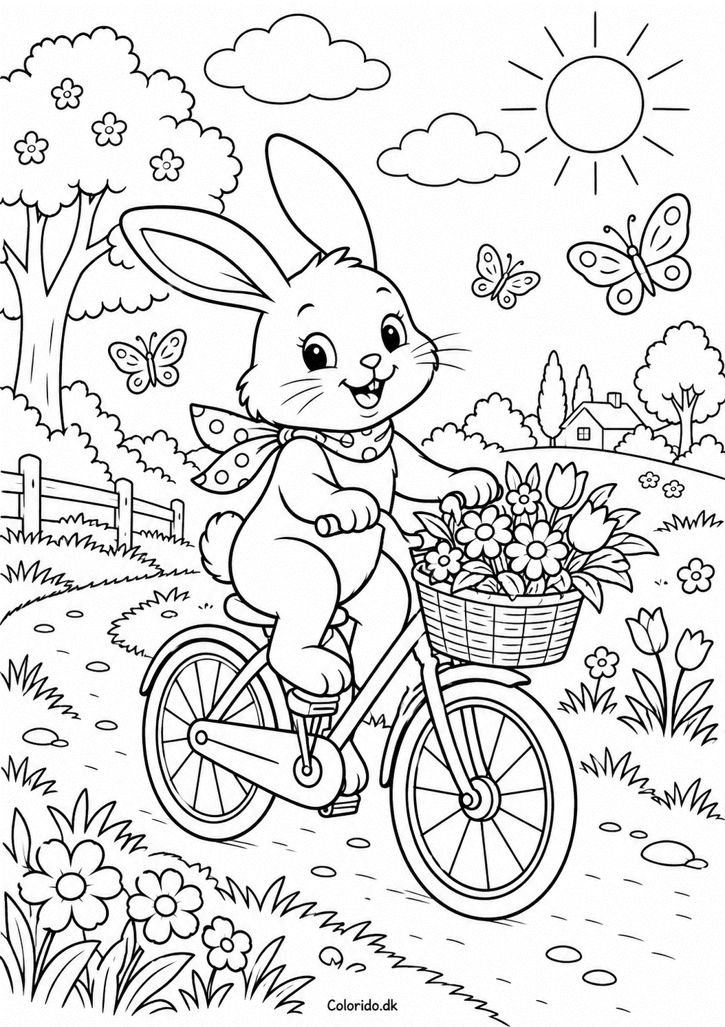 Kanin cykler med blomsterkurv – sjov forårstegning
