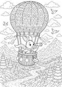 Kanin i varmluftballon over bjergene – detaljeret tegning