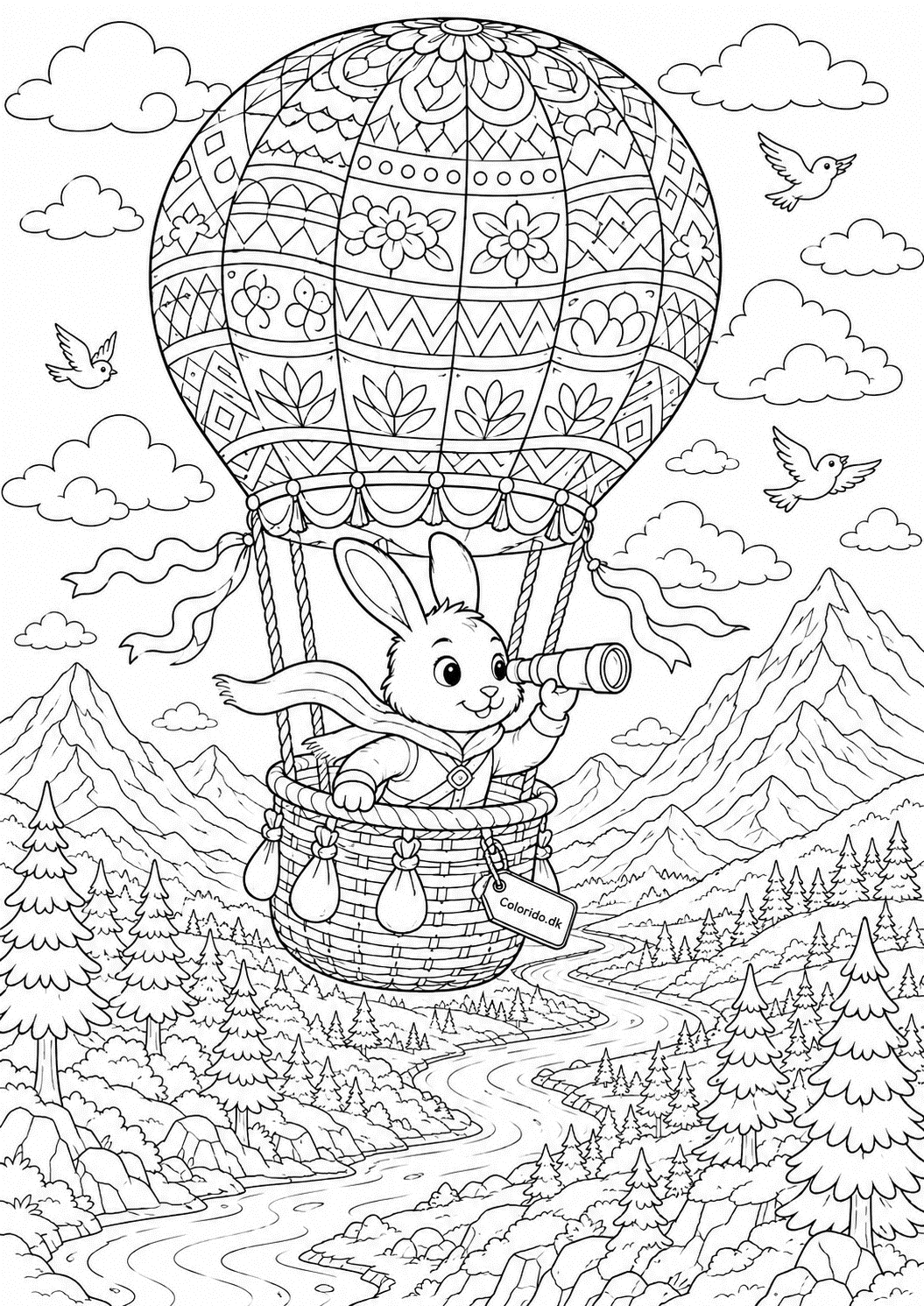 Kanin i varmluftballon over bjergene – detaljeret tegning