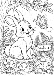 Kanin mellem skovblomster – gratis tegning til print