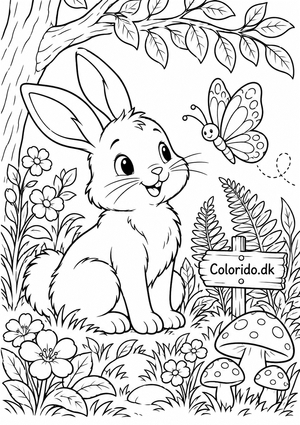 Kanin mellem skovblomster – gratis tegning til print