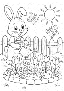 Kanin vander blomster i haven – kanin tegning til print