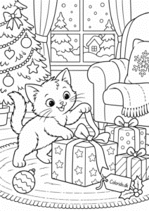 Kat leger med gavebånd – sjov juletegning