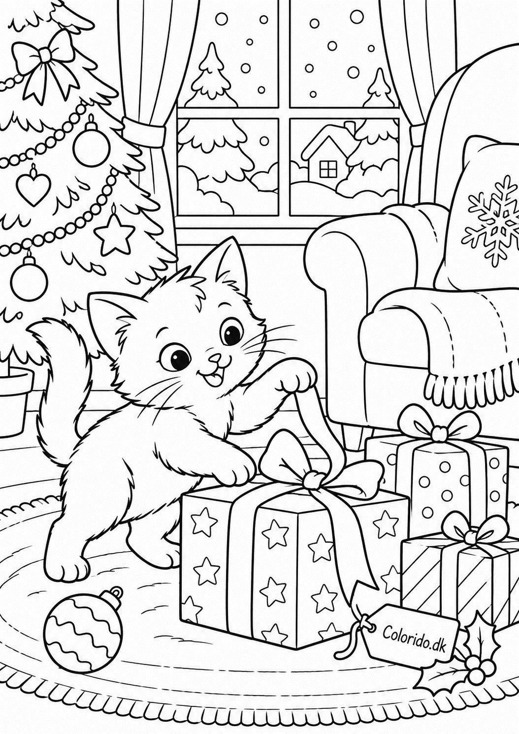 Kat leger med gavebånd – sjov juletegning