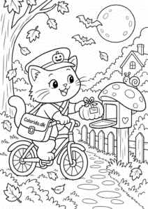 Kat som Halloween-postbud på cykel – gratis tegning til print