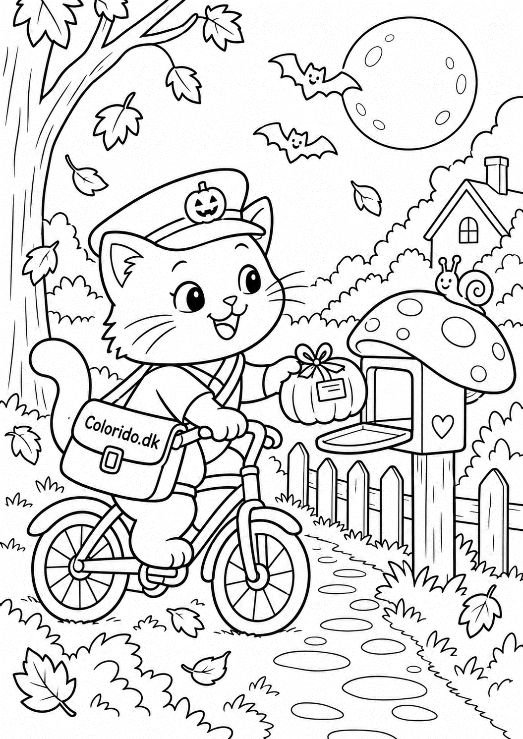 Kat som Halloween-postbud på cykel – gratis tegning til print