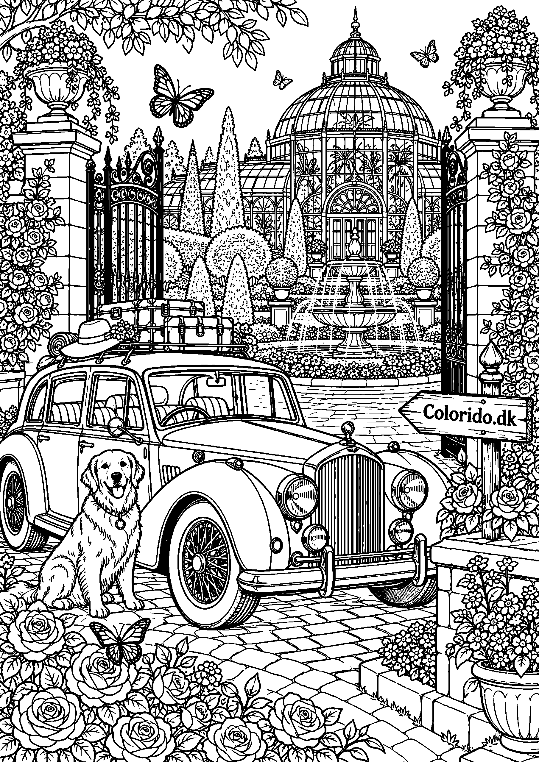 Klassisk bil ved botanisk have – tegning til print