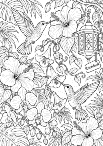 Kolibrier og tropiske blomster – detaljeret tegning til print