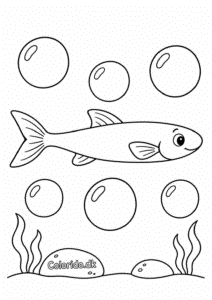 Lang fisk med store bobler – enkel tegning til print