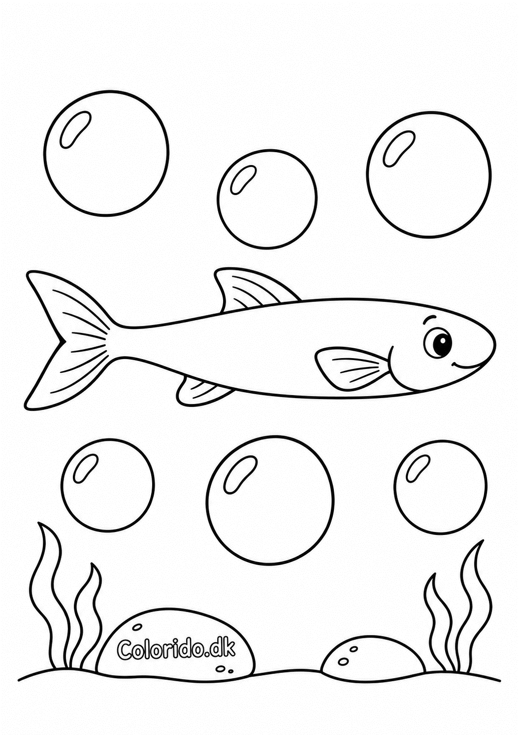 Lang fisk med store bobler – enkel tegning til print