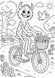 Langbenet monster cykler i parken – tegning til print