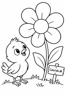 Lille fugl med blomst – gratis tegning