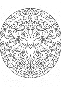 Livets træ-mandala med fugle og blomster