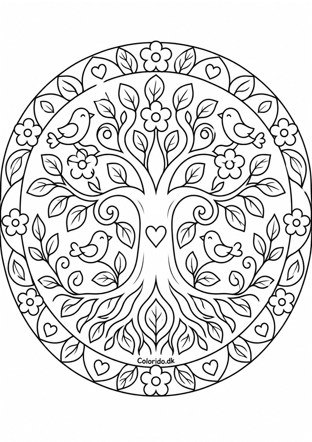 Livets træ-mandala med fugle og blomster