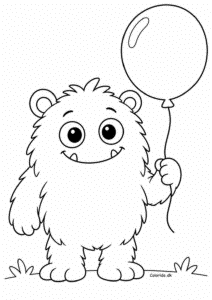 Loddent monster med ballon – gratis tegning til print