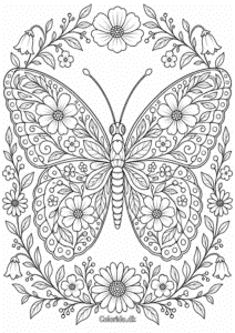 Mandala sommerfugl med blomstervinger – svær tegning
