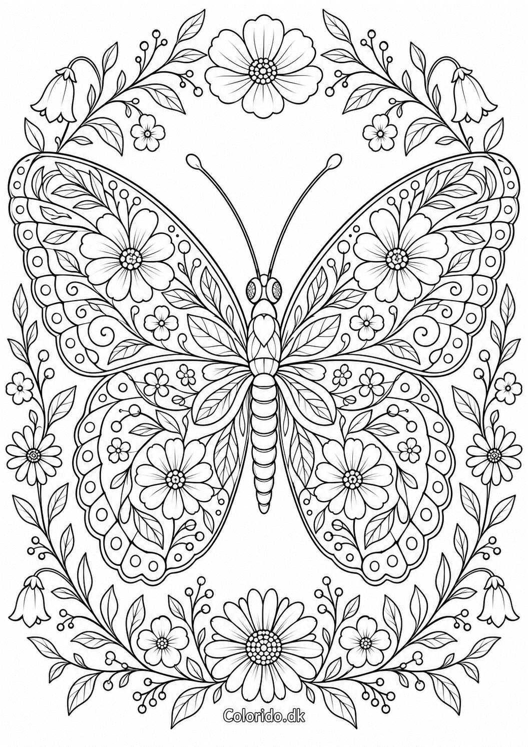 Mandala sommerfugl med blomstervinger – svær tegning