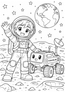 Manga-astronaut på månen – rumtegning til farvelægning