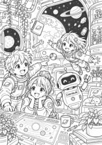 Manga-børn på rumstation med robot – avanceret farvelægning