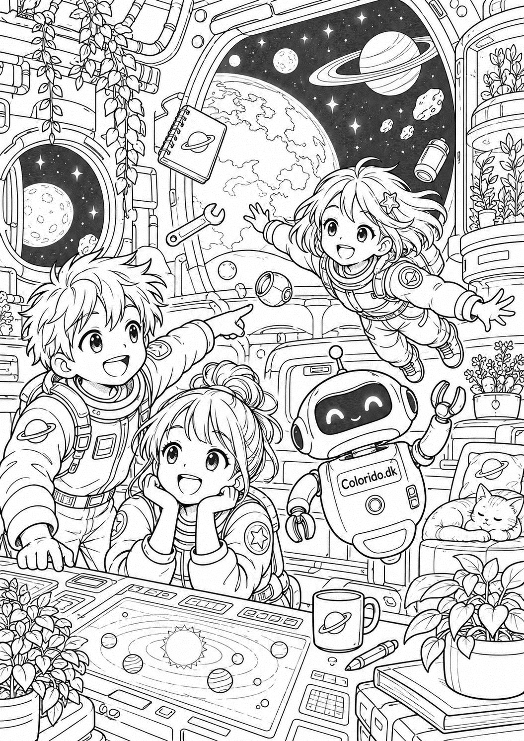 Manga-børn på rumstation med robot – avanceret farvelægning
