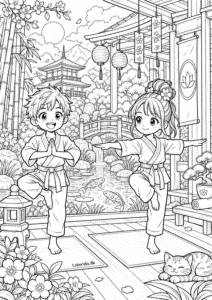 Manga-børn træner balance i japansk have – tegning til print