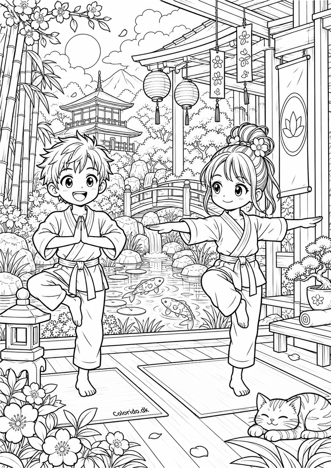 Manga-børn træner balance i japansk have – tegning til print