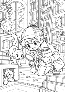 Manga-detektiv leder efter et legetøj – tegning til print