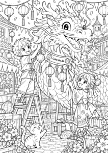 Manga-dragefestival med lanterner – tegning til farvelægning