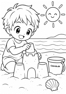 Manga-dreng bygger sandslot – sommertegning til print