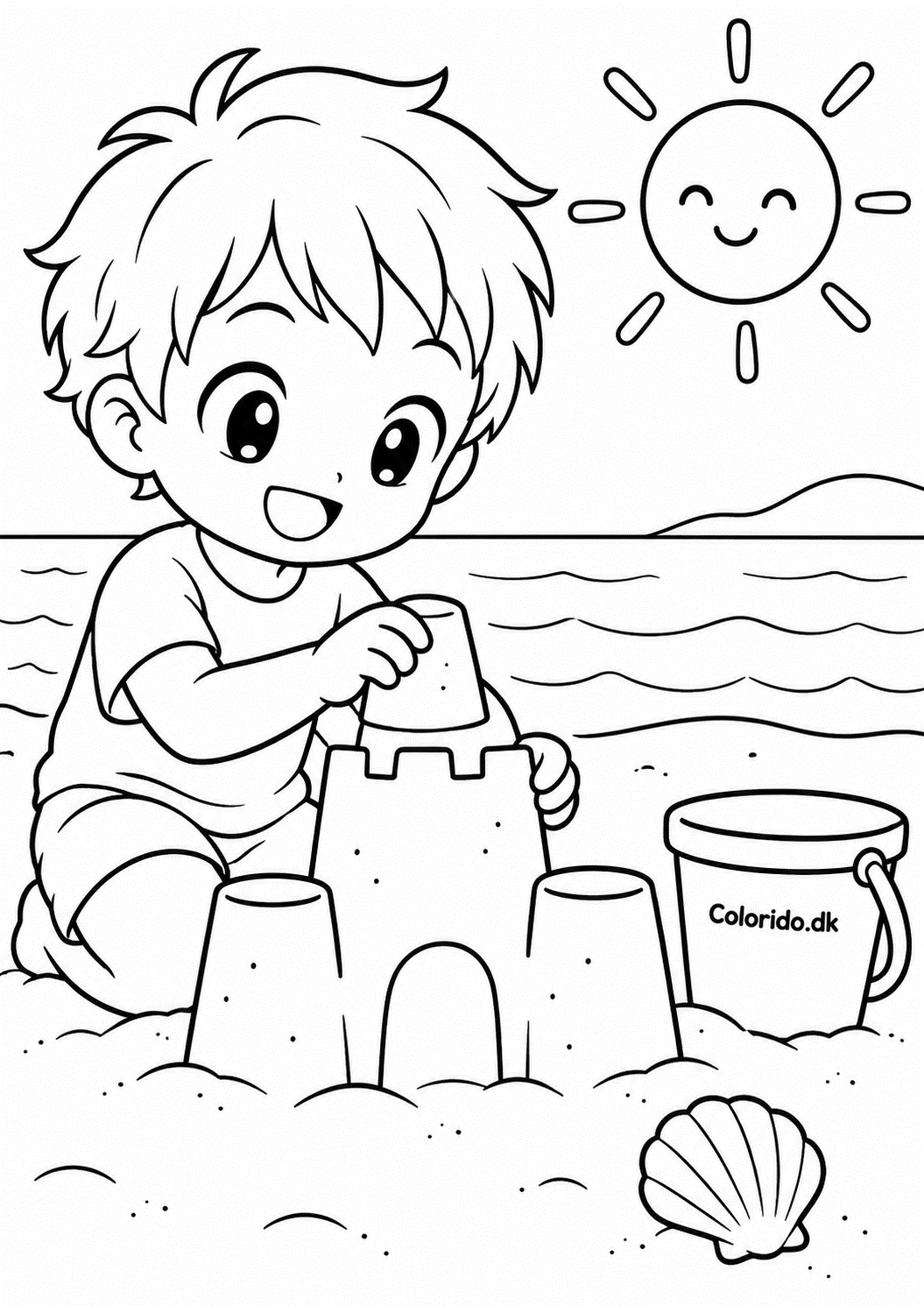 Manga-dreng bygger sandslot – sommertegning til print
