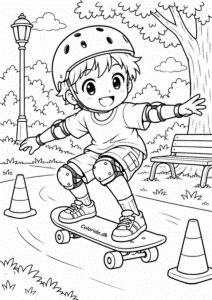 Manga-dreng på skateboard i parken – gratis tegning