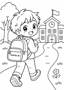 Manga-dreng på vej i skole – gratis tegning til print