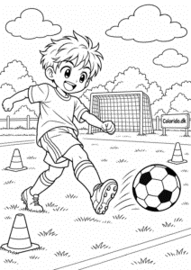 Manga-dreng spiller fodbold – sportstegning til print