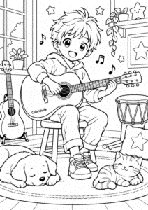 Manga-dreng spiller guitar – musiktegning til print