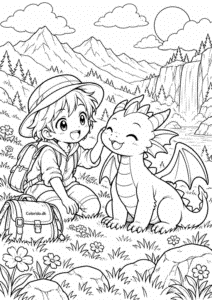 Manga-eventyrer møder en venlig drage – gratis tegning