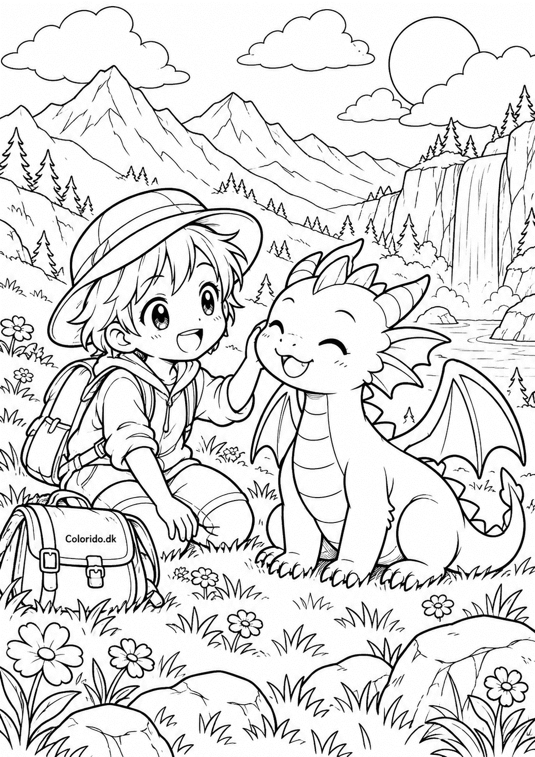 Manga-eventyrer møder en venlig drage – gratis tegning