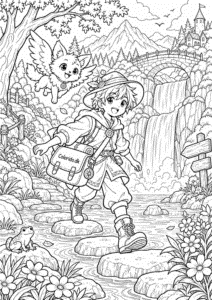 Manga-eventyrer ved stort vandfald – detaljeret tegning
