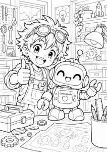 Manga-opfinder med sød robot – gratis farvelægning