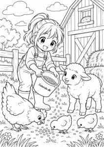 Manga-pige fodrer dyr på gården – gratis tegning til print