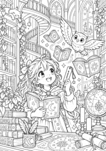Manga-pige i et fortryllet bibliotek – gratis tegning til print