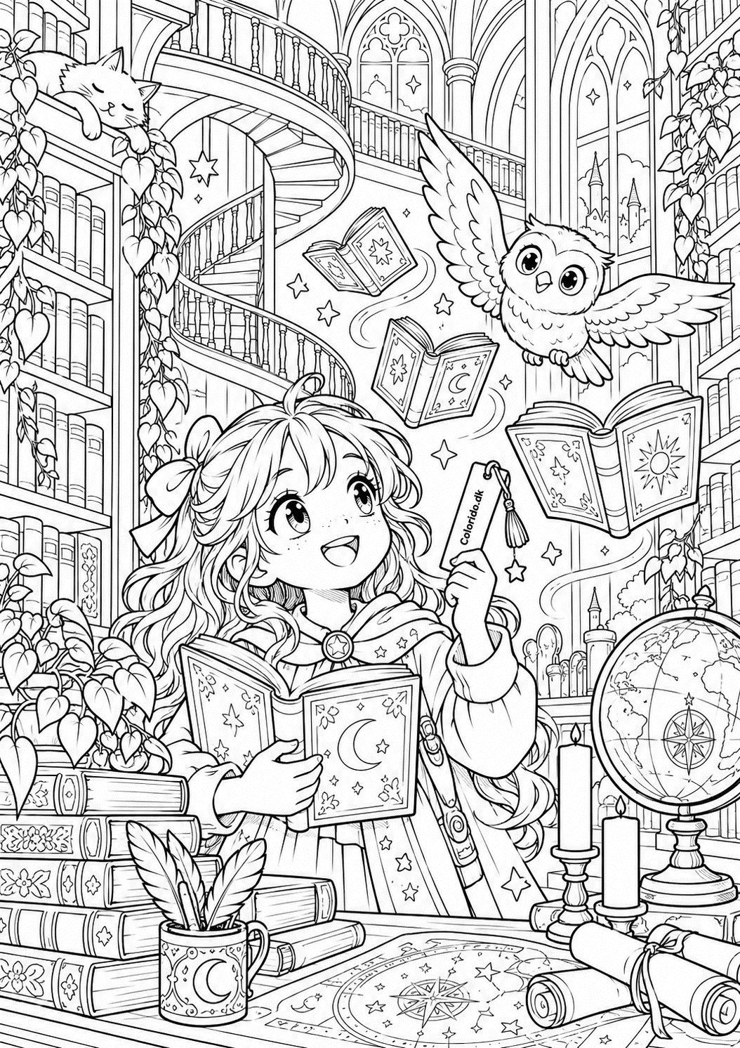 Manga-pige i et fortryllet bibliotek – gratis tegning til print