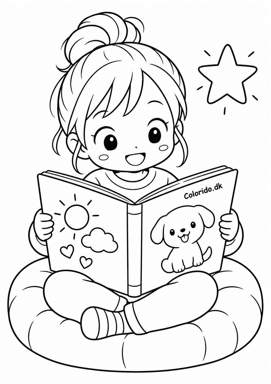 Manga-pige læser en bog – rolig tegning til print