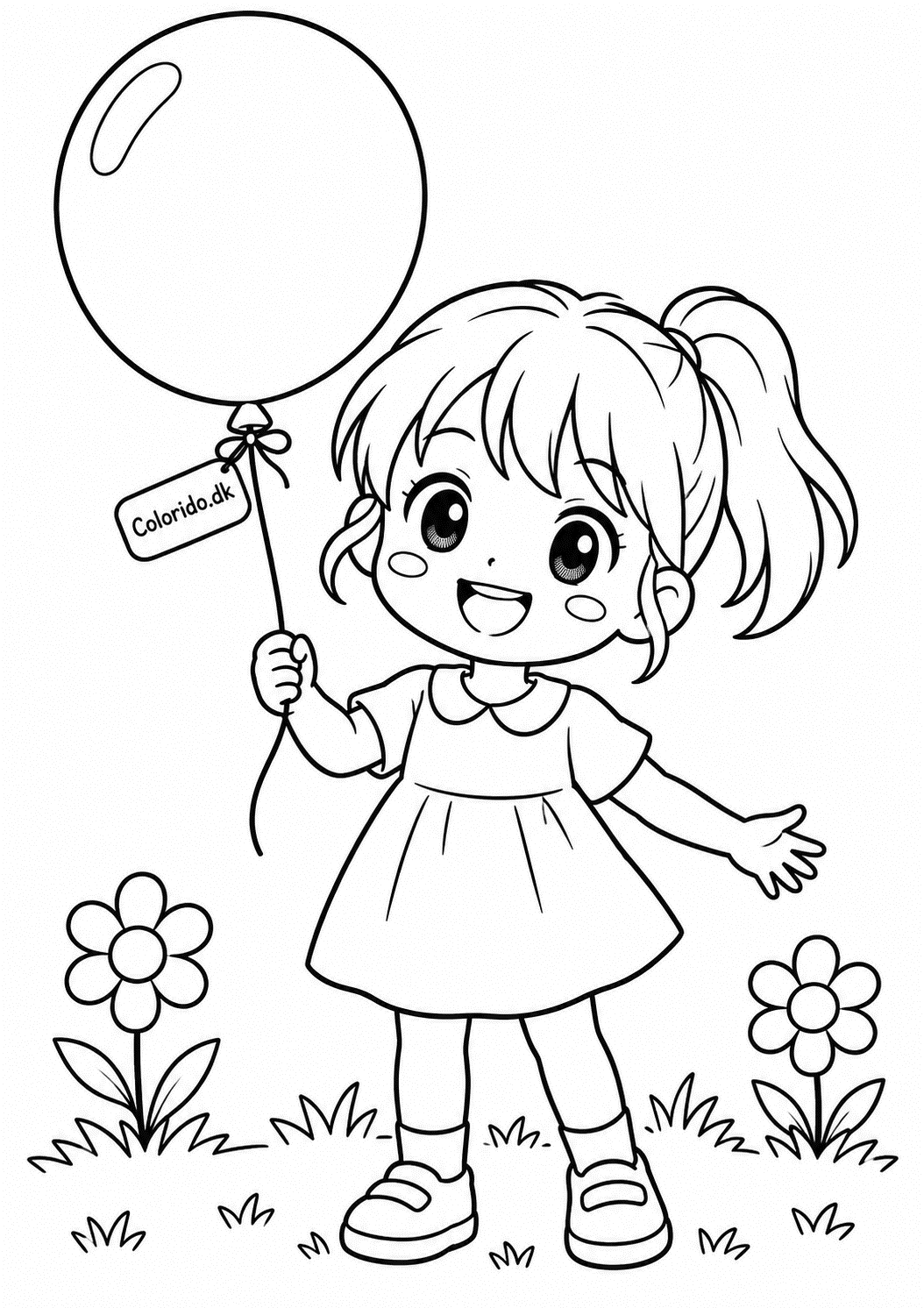 Manga-pige med ballon – tegning til farvelægning