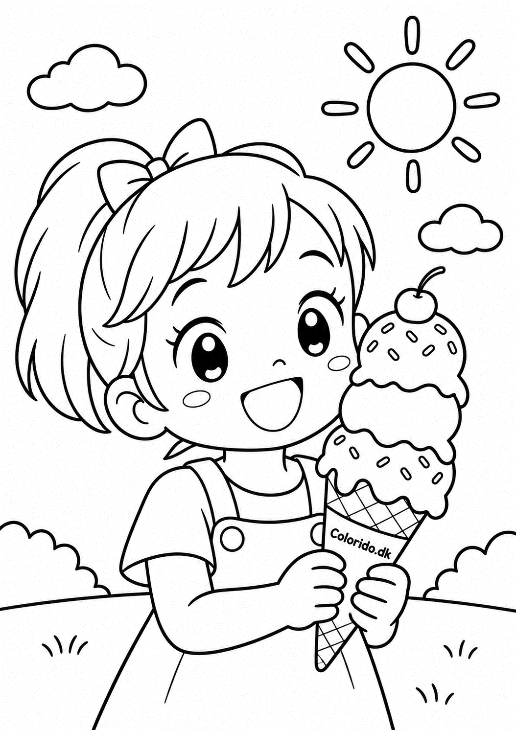 Manga-pige med stor is – nem tegning til print